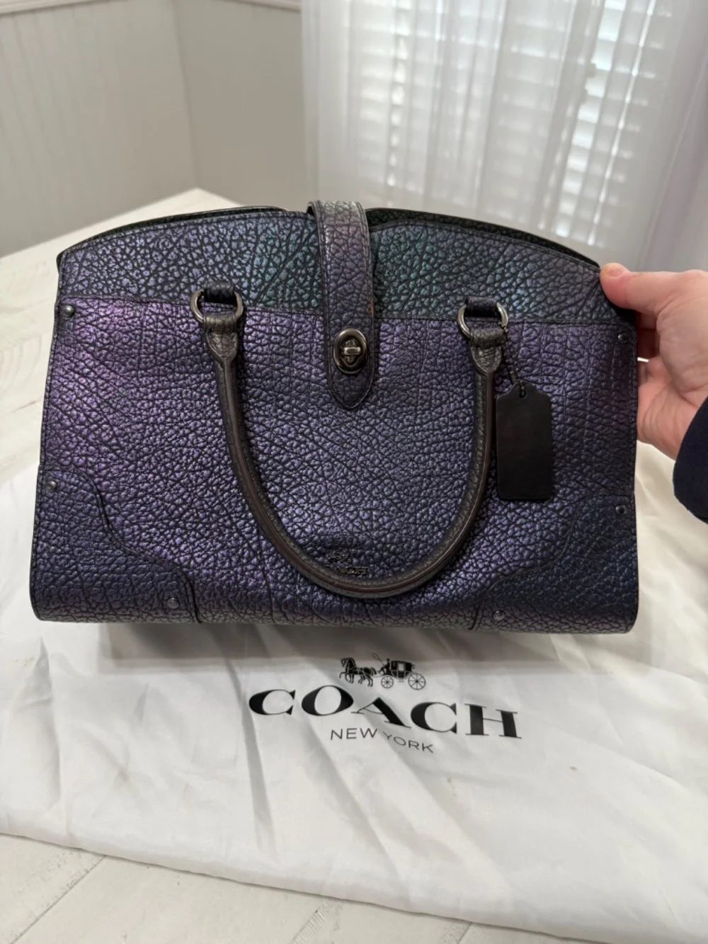 Coach Rogue Metallic Iridescent Purple Pebbled Leather Satchel